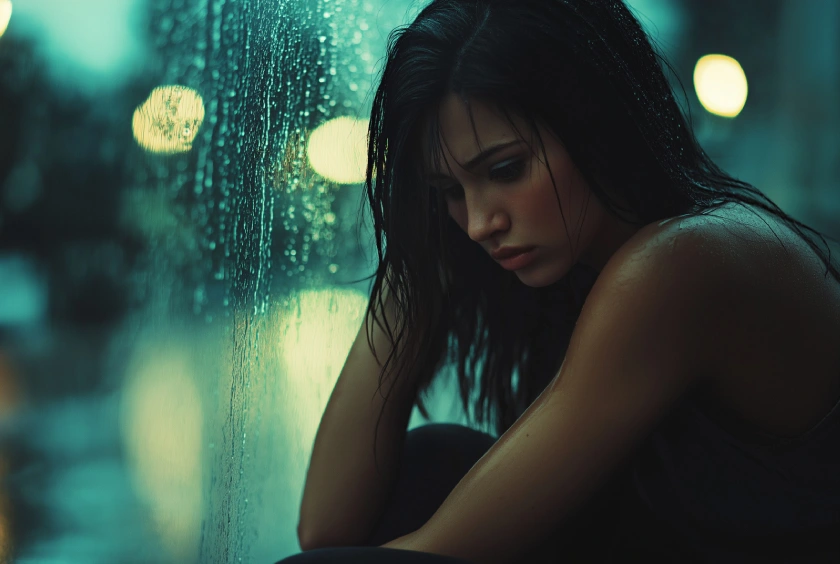 A woman looking thoughtfully out of a window while processing her hidden sadness.