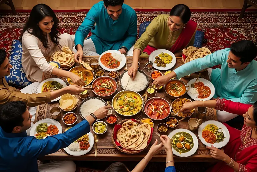 A family sharing a meal and laughing during a peaceful family dinner.