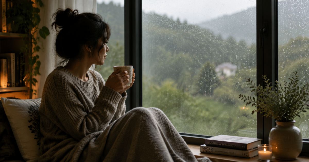 A serene individual sitting peacefully by a window with a cup of tea, perfectly capturing the calm essence of embracing inner solitude.