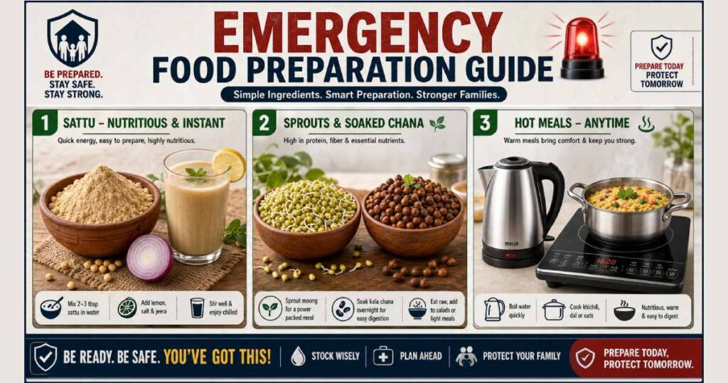 Emergency food items for survival including Sattu, sprouts, and an induction cooktop for crisis preparation.