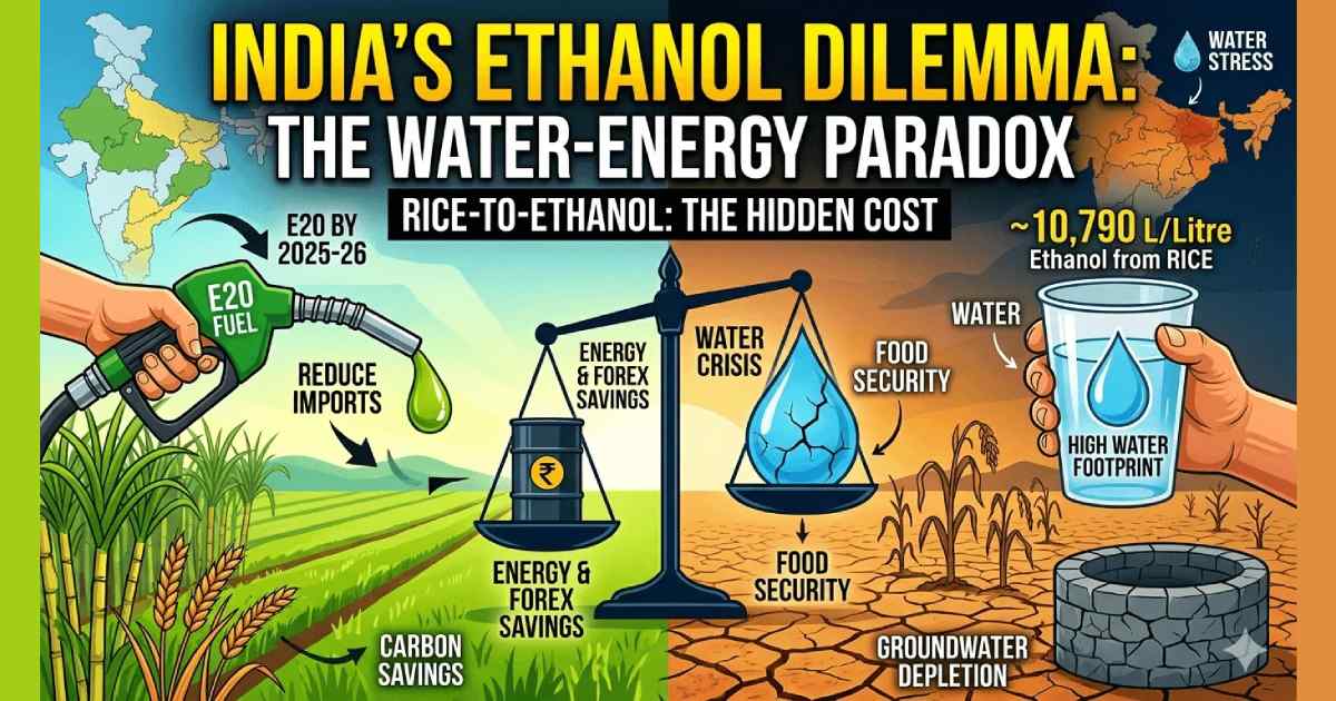 A scientific conceptual image illustrating the massive ethanol water footprint of bioenergy crop cultivation.