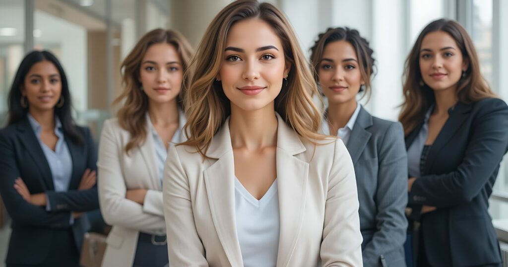 A group of professionals working together to promote the idea of changing mindsets toward women.