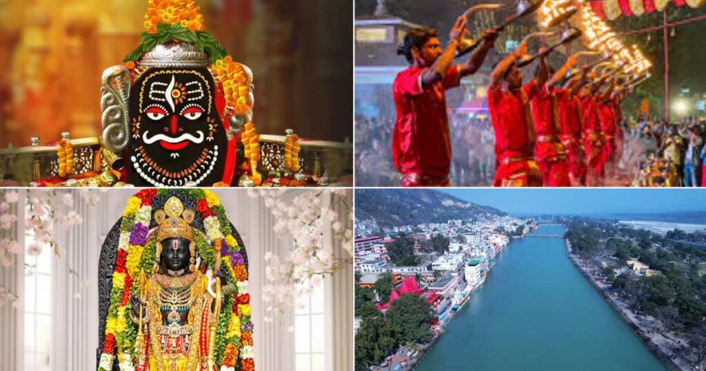 A collection of famous Indian monuments and crowded spiritual places like Ayodhya and Varanasi, showcasing current India tourism destination trends.