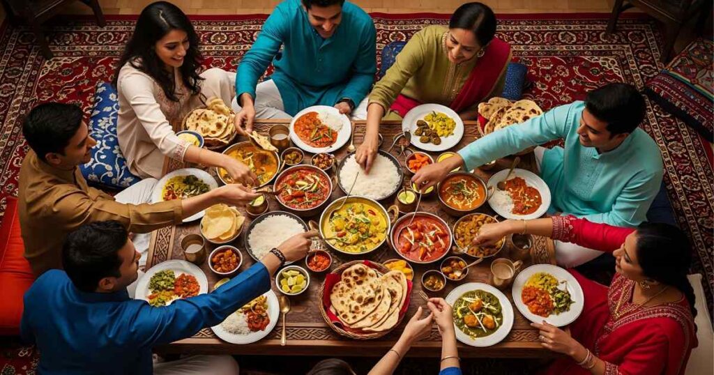 A family sharing a meal and laughing during a peaceful family dinner.