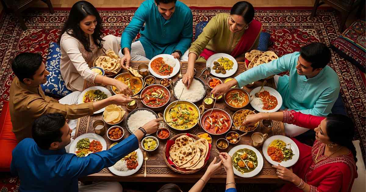A family sharing a meal and laughing during a peaceful family dinner.