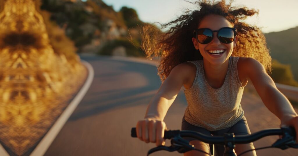 A young woman riding proudly under the sun, escaping the sunscreen advertisements trap.